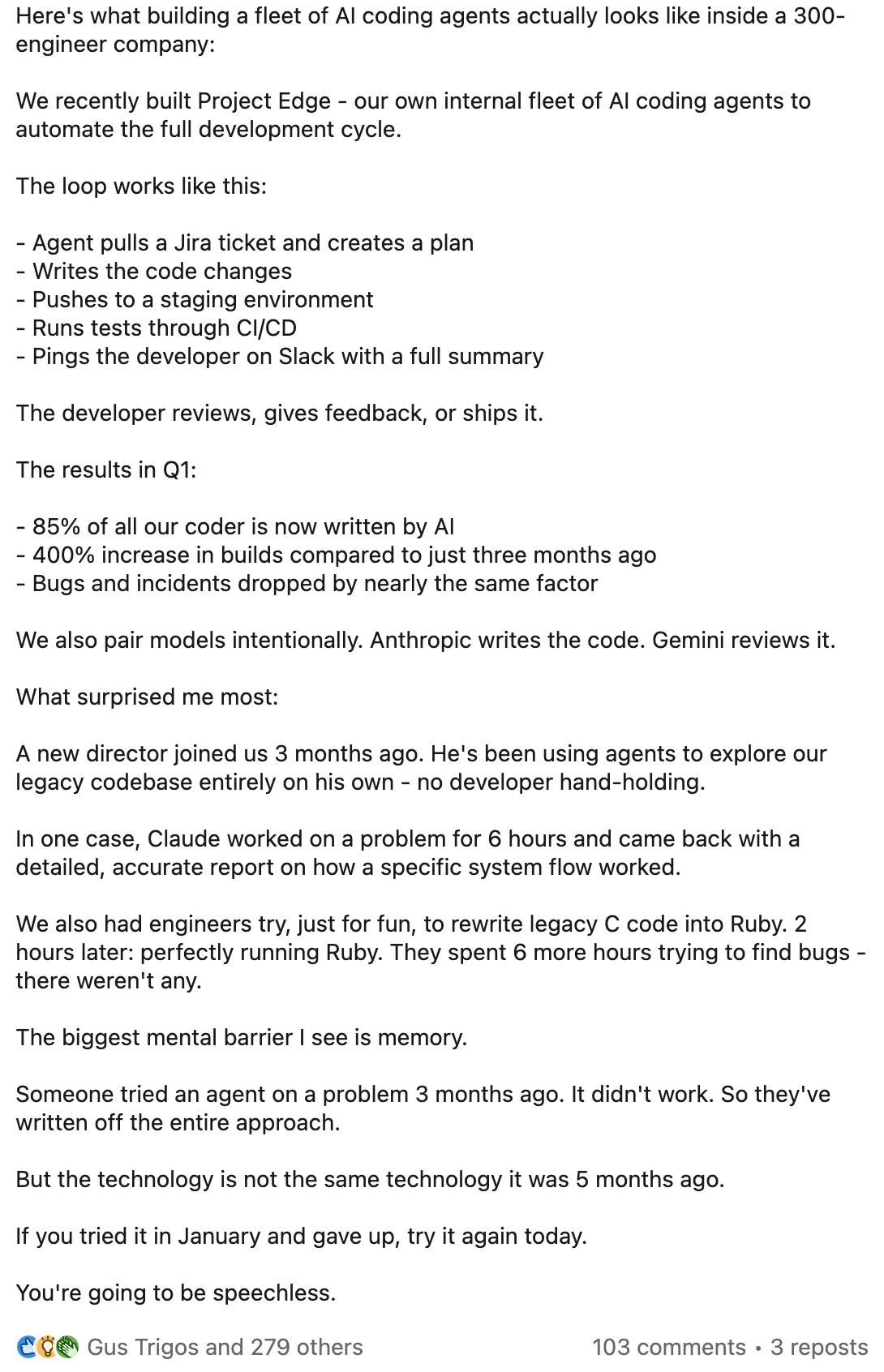 LinkedIn post: inside a 300-engineer AI coding fleet