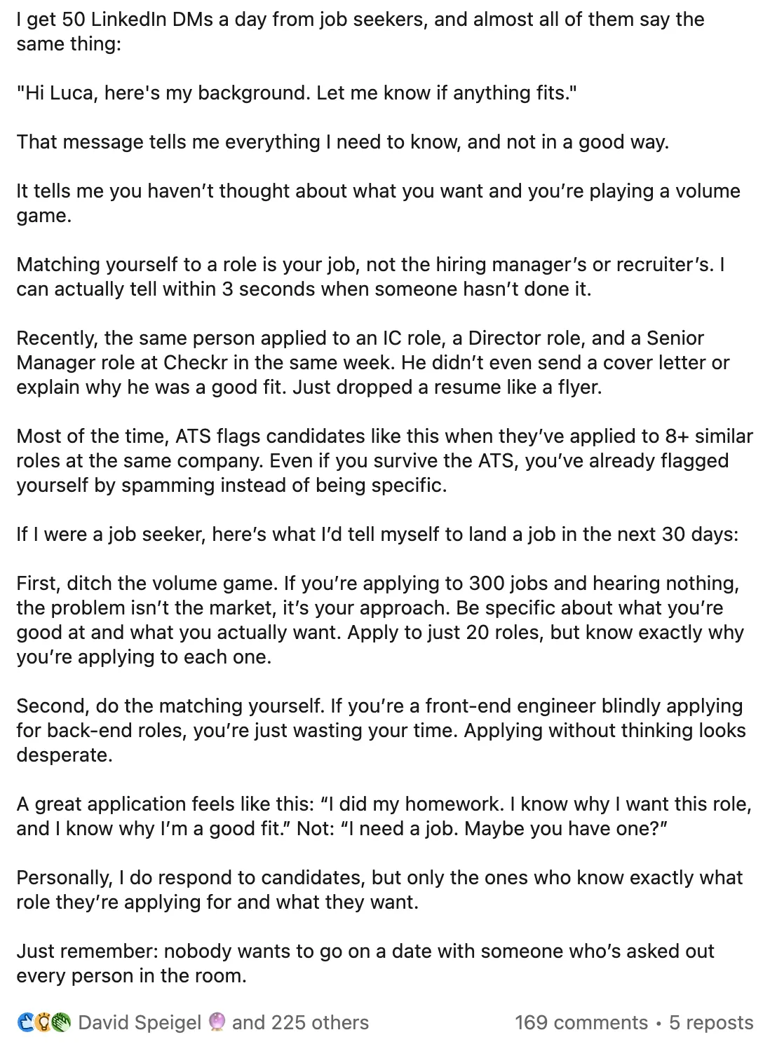 LinkedIn post: a hiring leader's honest advice