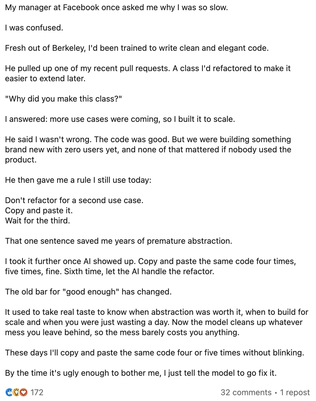 LinkedIn post: the cost of premature abstraction