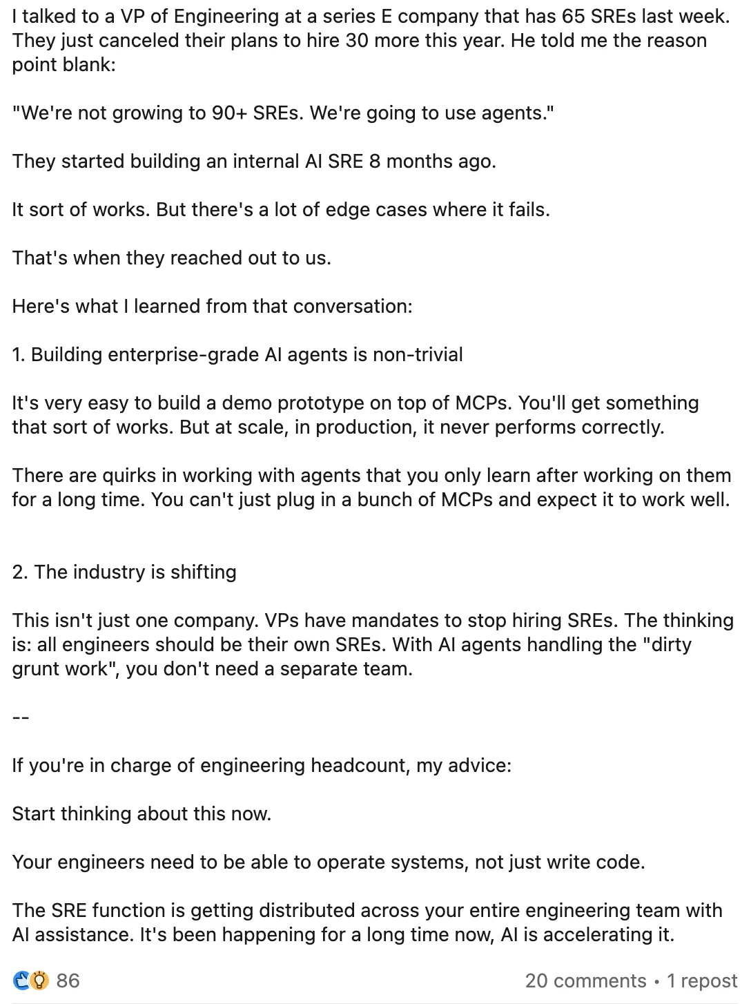 LinkedIn post: how AI is reshaping the SRE function