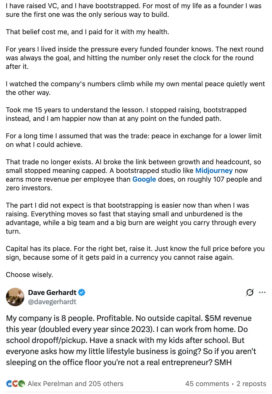 LinkedIn post: the new economics of bootstrapping
