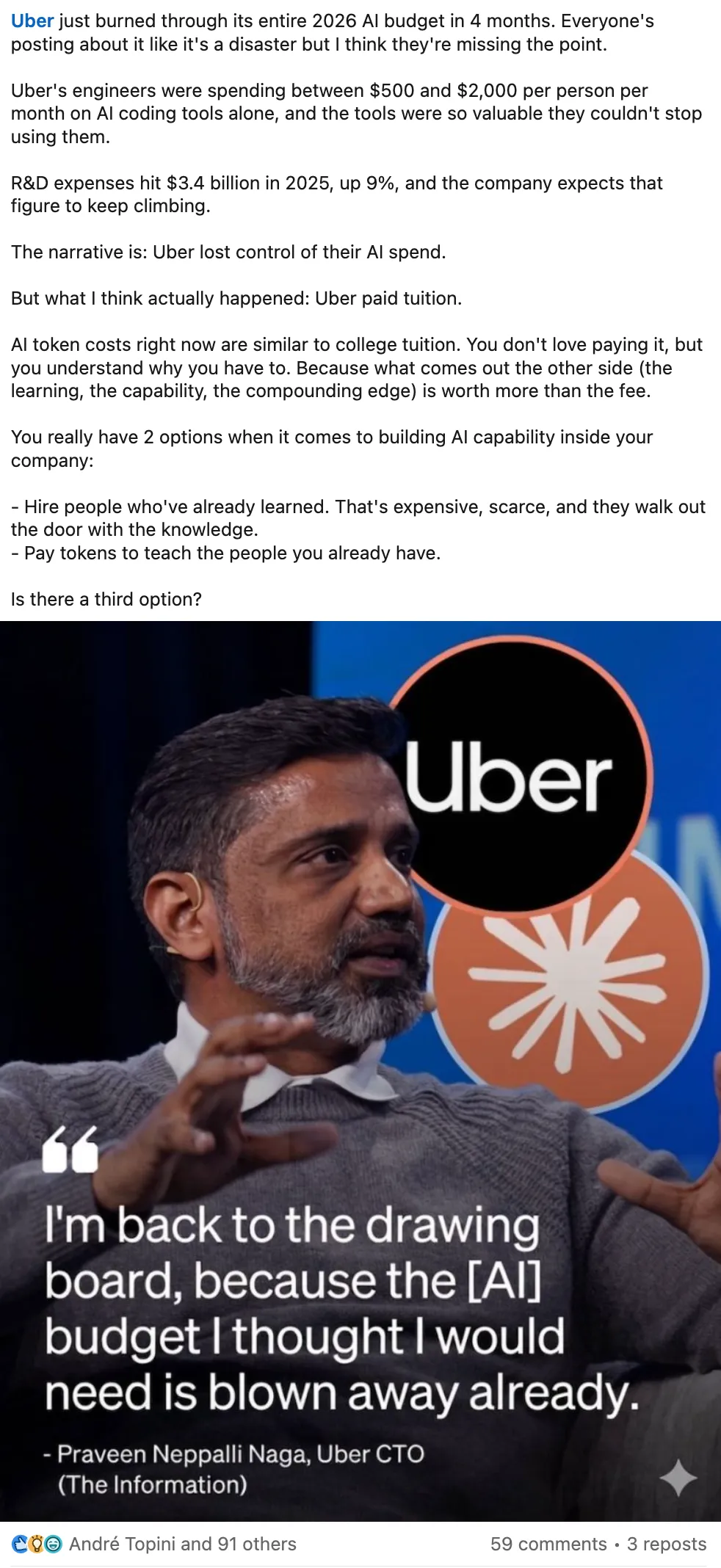 LinkedIn post: Uber's AI budget was tuition