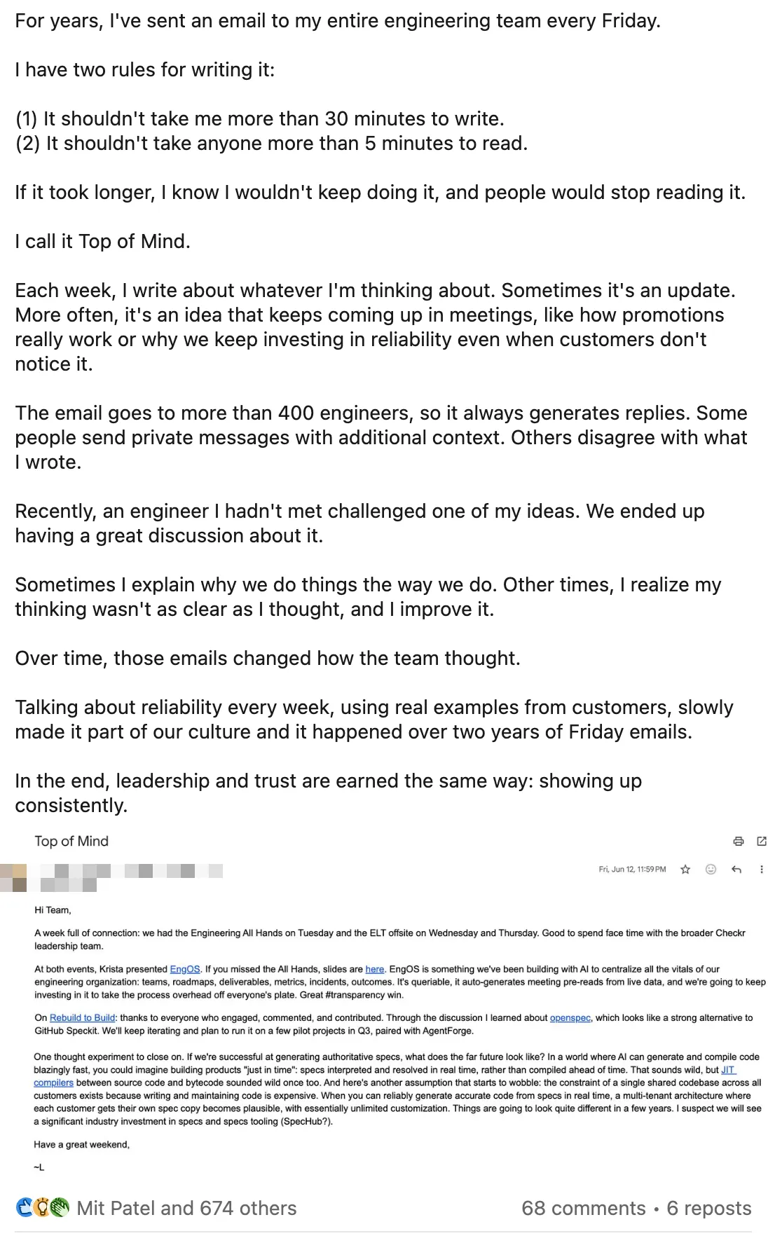 LinkedIn post: the Friday email that shaped a culture