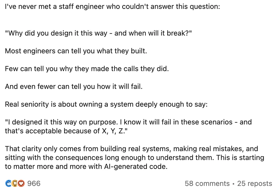 LinkedIn post: the question every staff engineer can answer