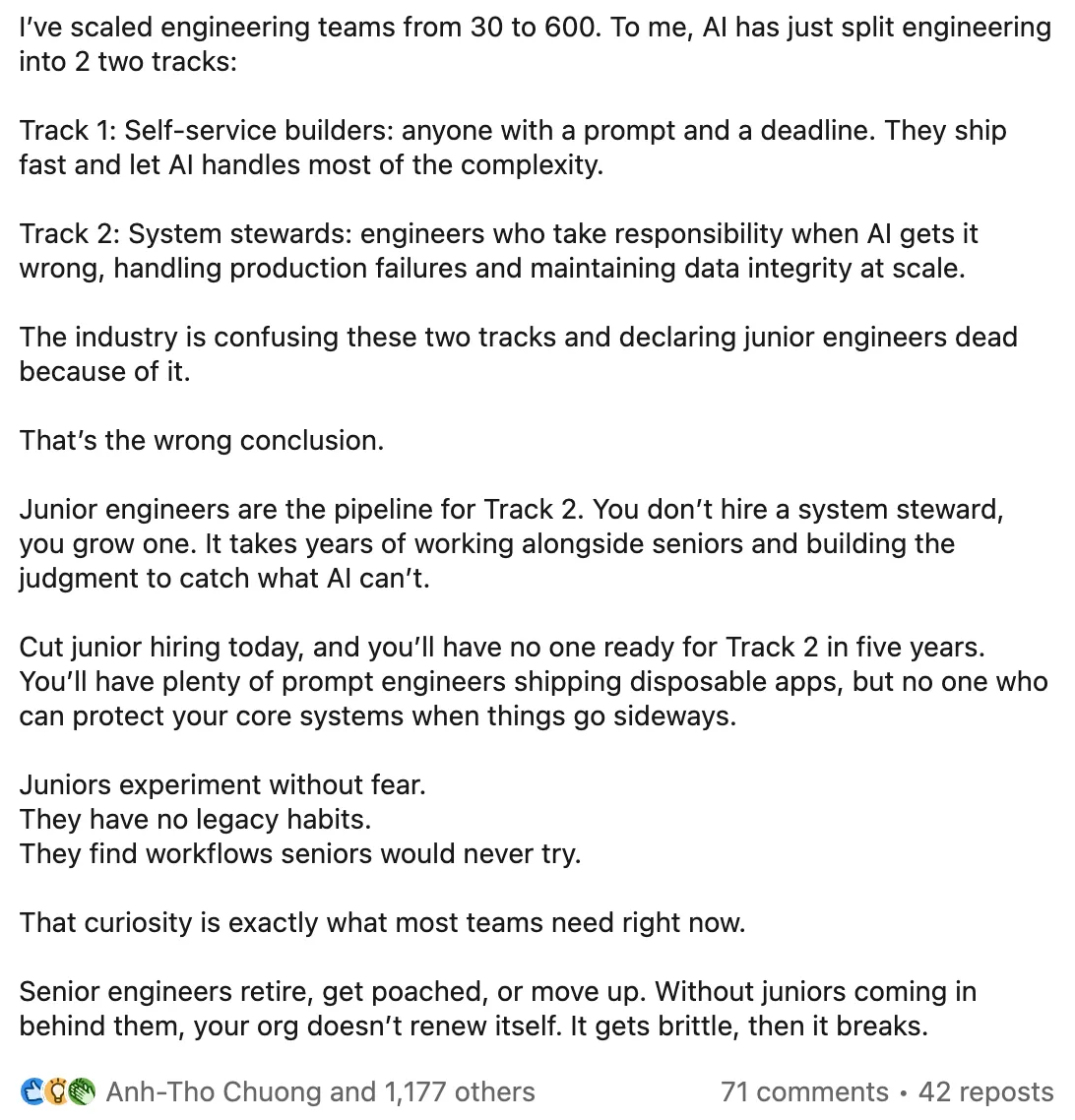 LinkedIn post: AI split engineering into two tracks
