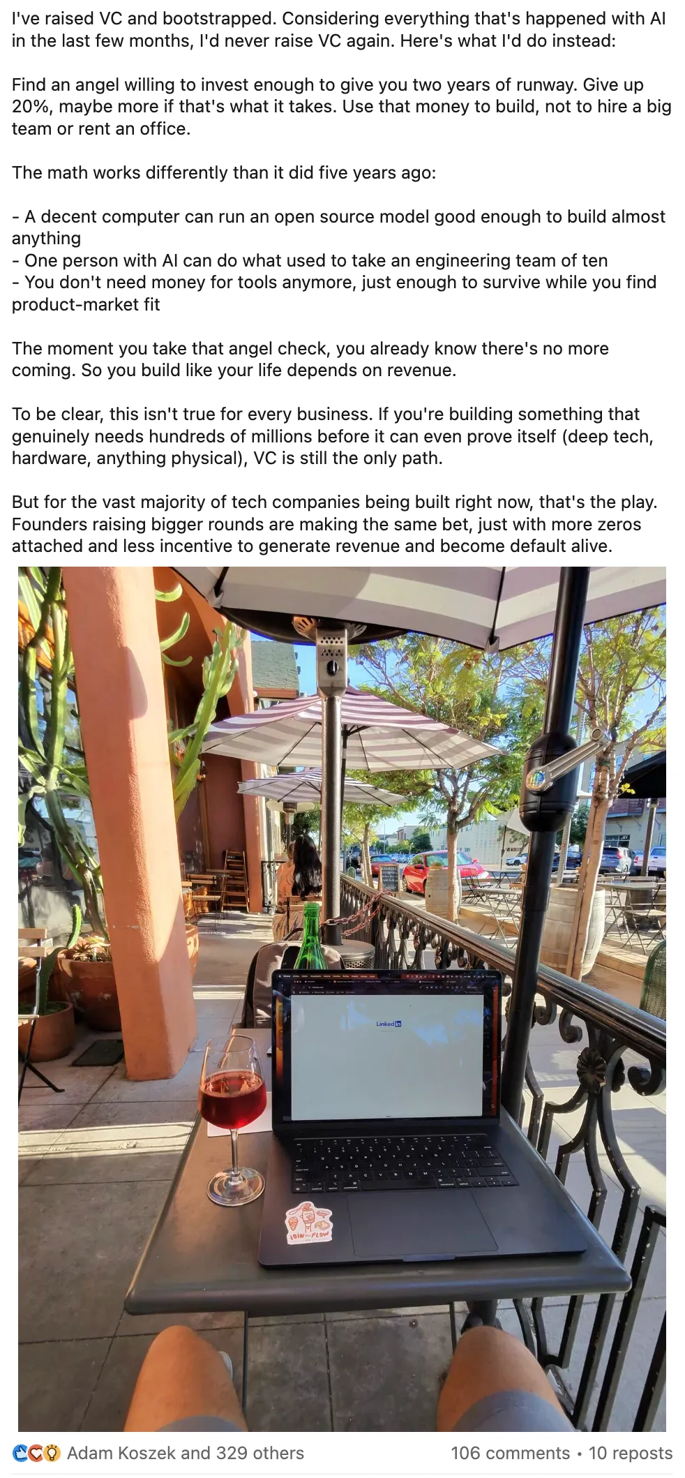 LinkedIn post: a different way to fund a startup