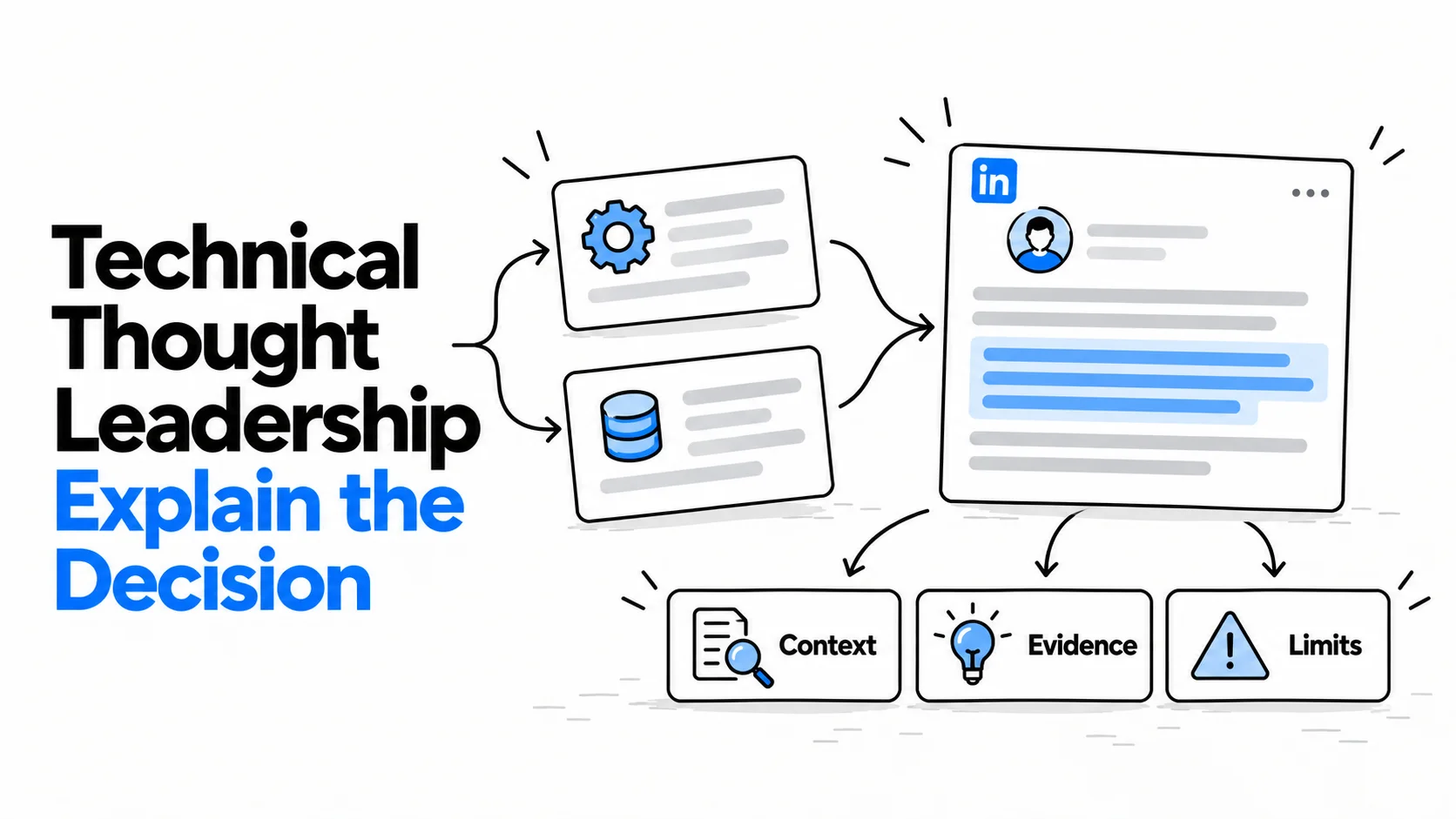 Technical approach cards lead to a buyer-facing post evaluated for context, evidence and limits.