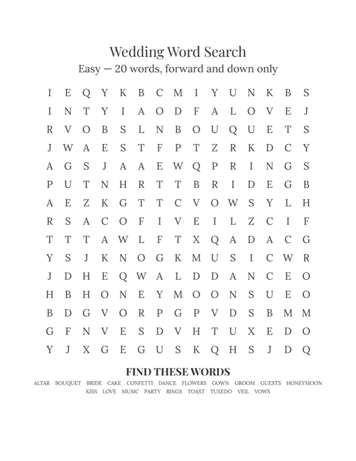 Free printable wedding word search, easy: 15x15 grid, 20 words running forward and down