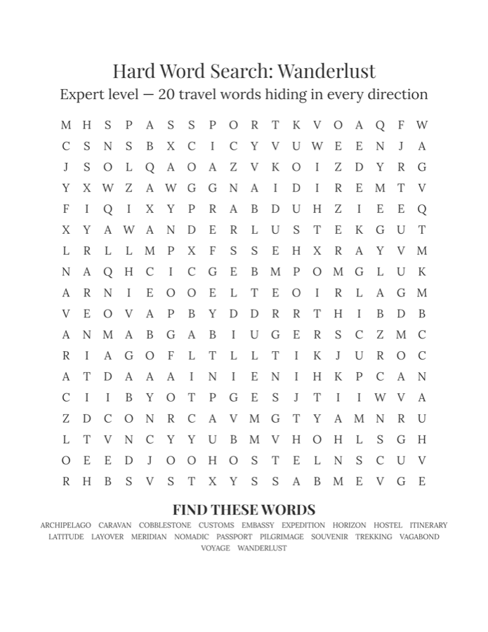Hard word search printable, travel theme: 18x18 grid, 20 words including backwards diagonals