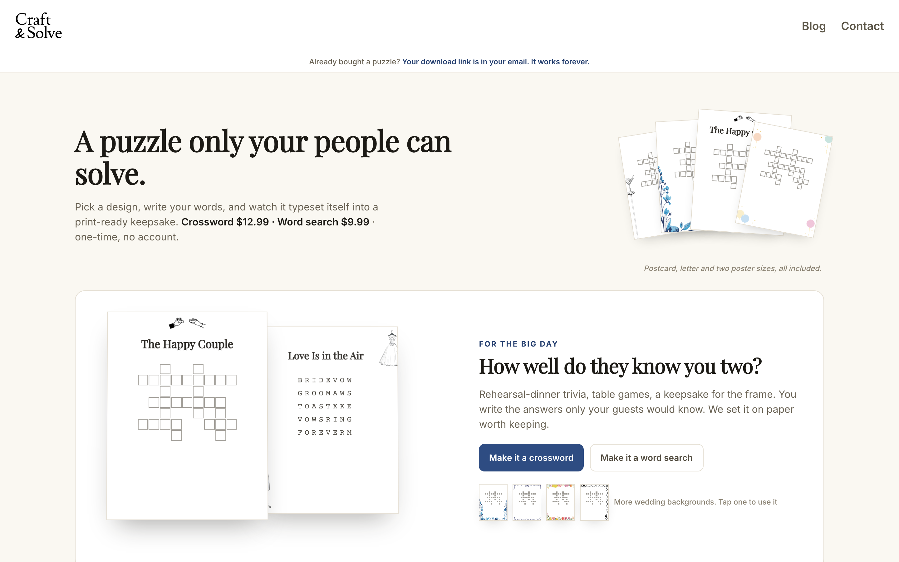 Craft and Solve start page with wedding crossword and word search options