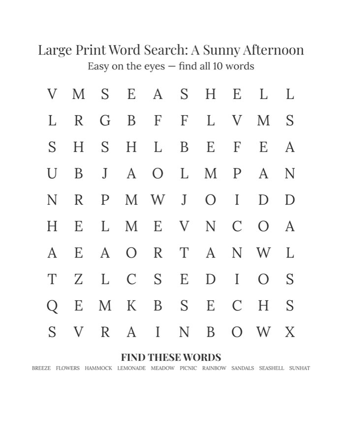 Large print word search printable, sunny afternoon theme: 10x10 grid with 10 words in big letters