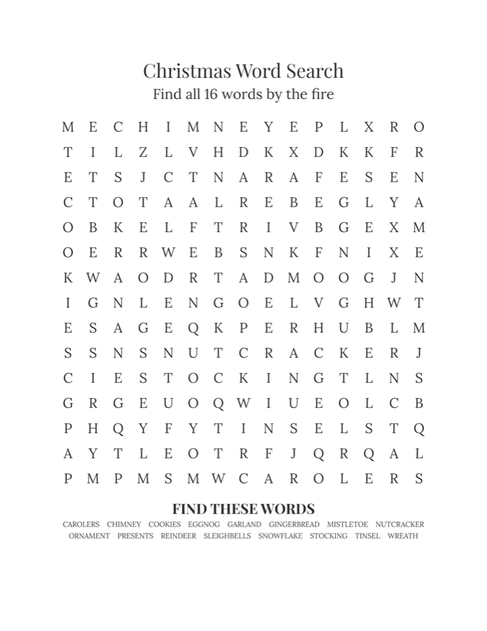 Free christmas word search printable, 15x15 grid with 16 words, answer key included