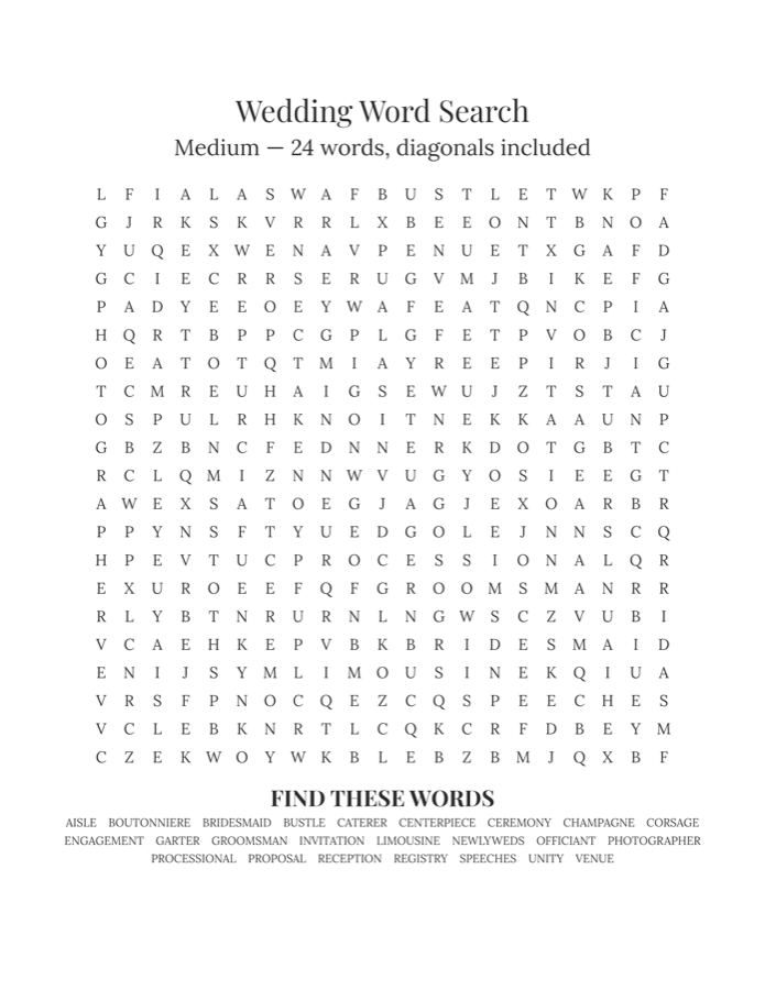 Free printable wedding word search, medium: 21x21 grid, 24 words with diagonals