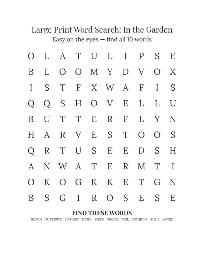 Large print word search printable, garden theme: 10x10 grid with 10 words in big letters