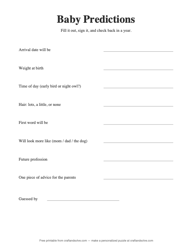 Baby predictions printable card with eight prompts for shower guests
