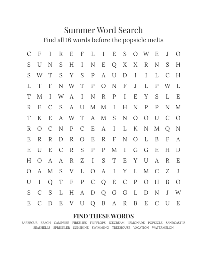 Free summer word search printable, 15x15 grid with 16 words, answer key included