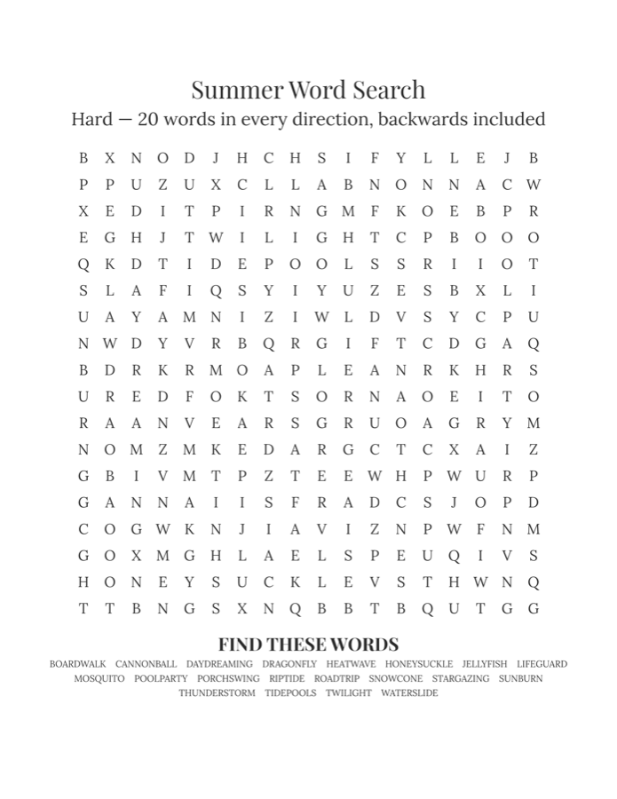 Hard summer word search printable, 18x18 grid with 20 words in every direction
