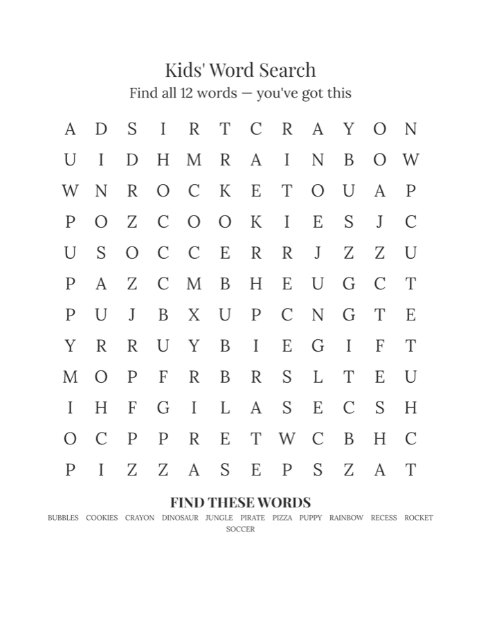 Free kids word search printable, 12x12 grid with 12 words running forward and down