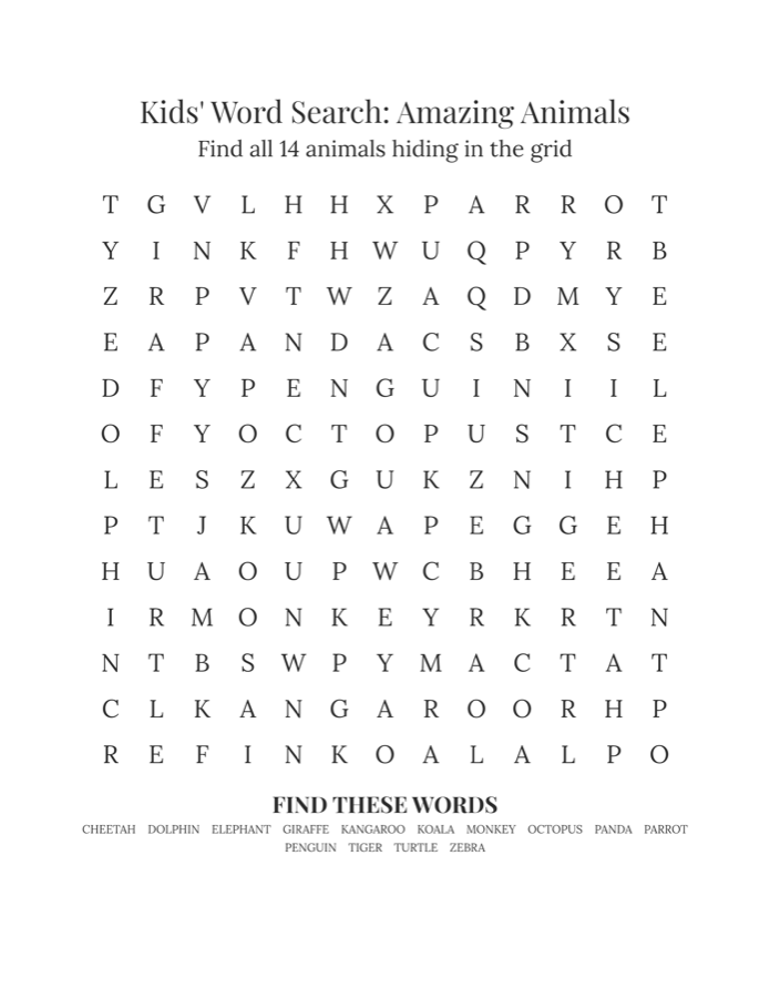 Kids animal word search printable, 13x13 grid with 14 animals