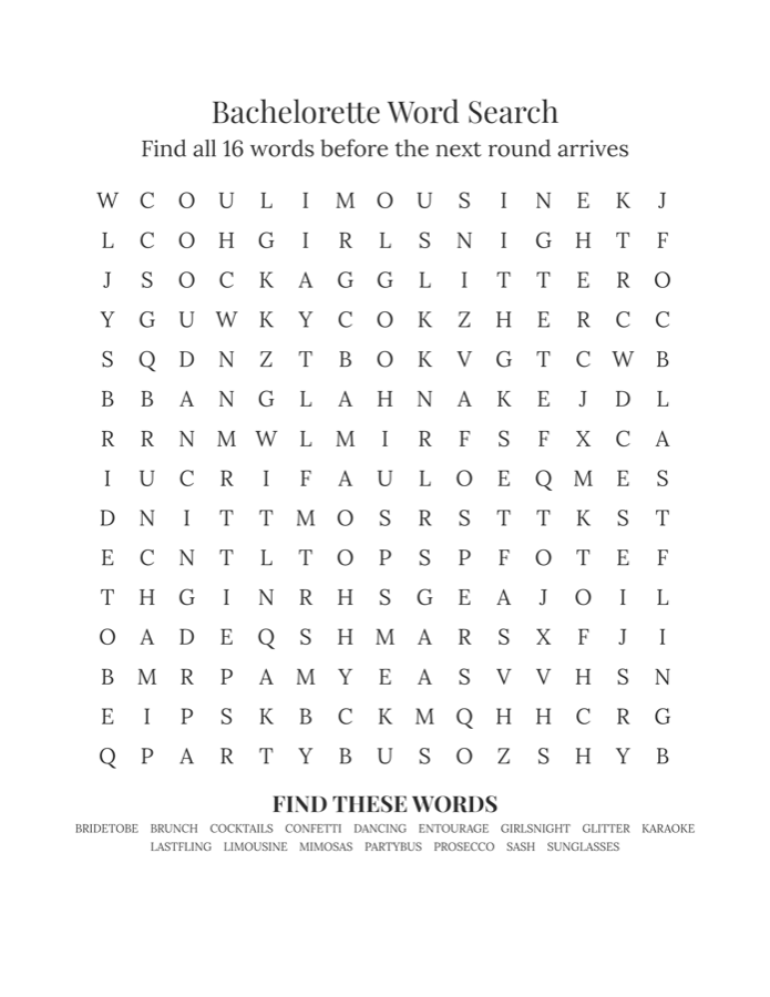 Free bachelorette word search printable, 15x15 grid with 16 words, answer key included