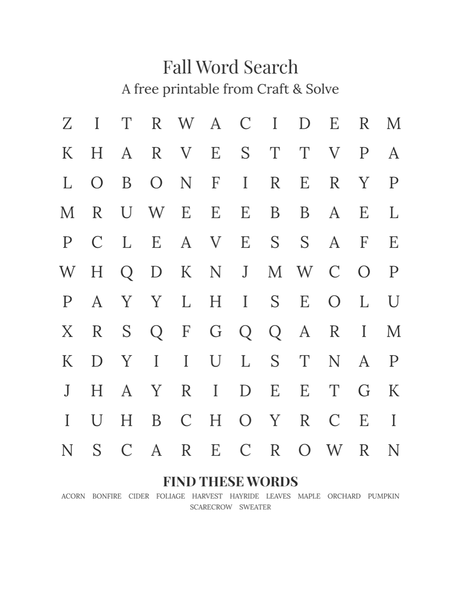 Fall word search printable, easy 12x12 grid with 12 autumn words, answer key on page two