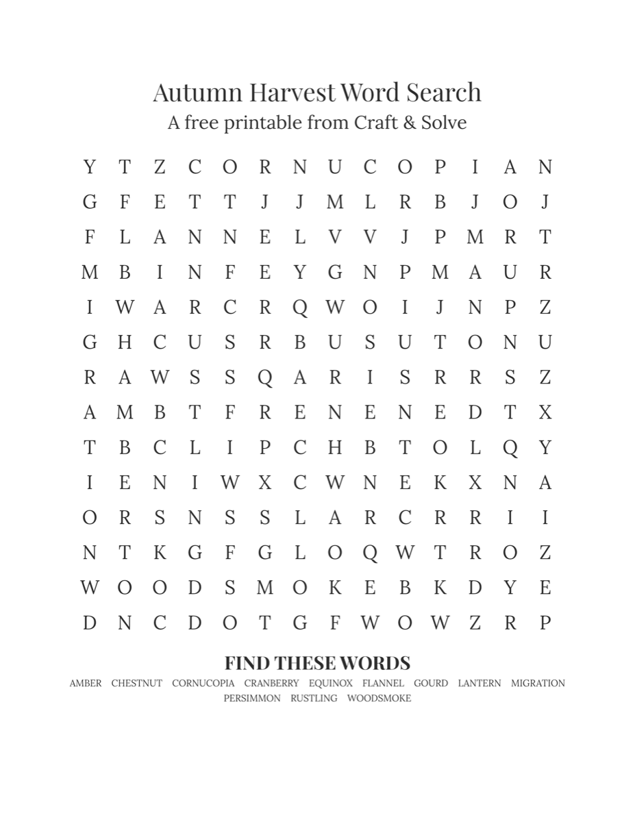 Autumn harvest word search printable, 14x14 grid with 12 words including diagonals