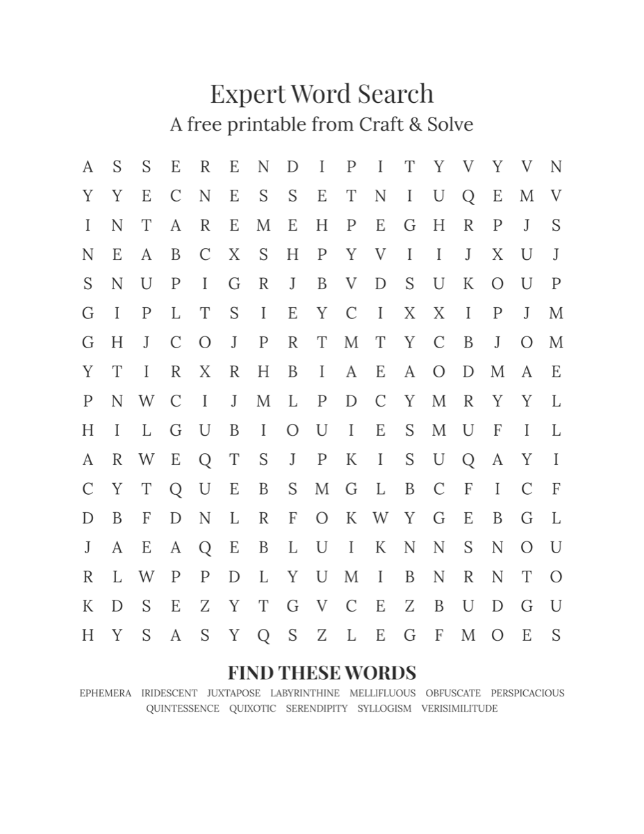 Expert word search printable, 17x17 grid with twelve long overlapping words