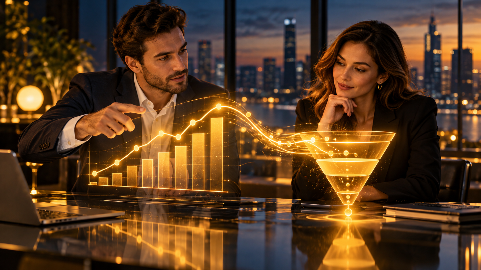 Illustration of a growth chart and sales funnel representing digital marketing growth trends and strategies for 2026