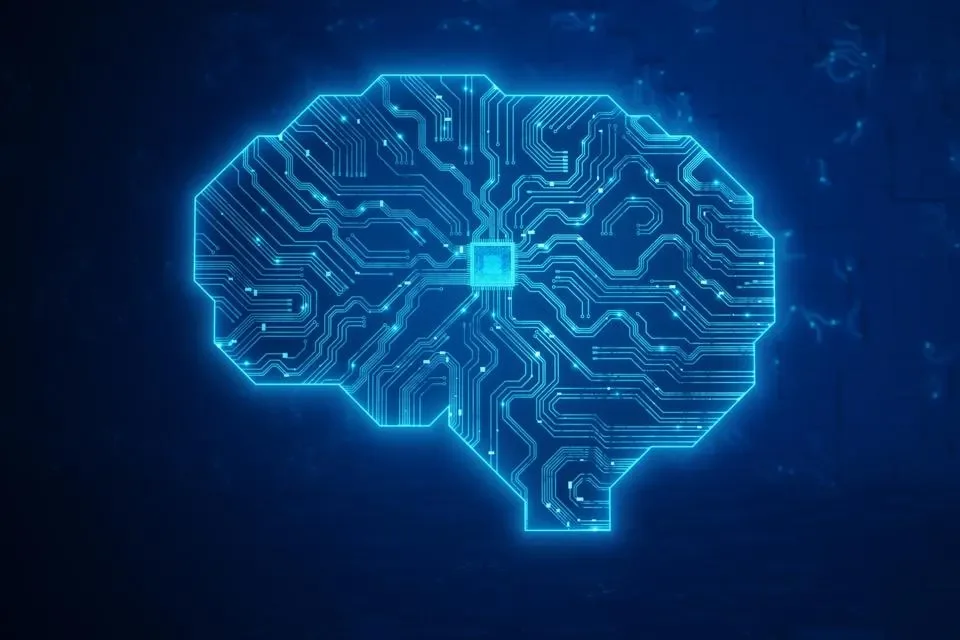 Photo of a graphic illustration of a brain made out of computer circuits