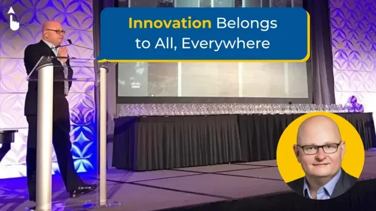 Photo of Alex Goryachev on stage with overlaying text saying "Innovation belongs to all, everywhere"