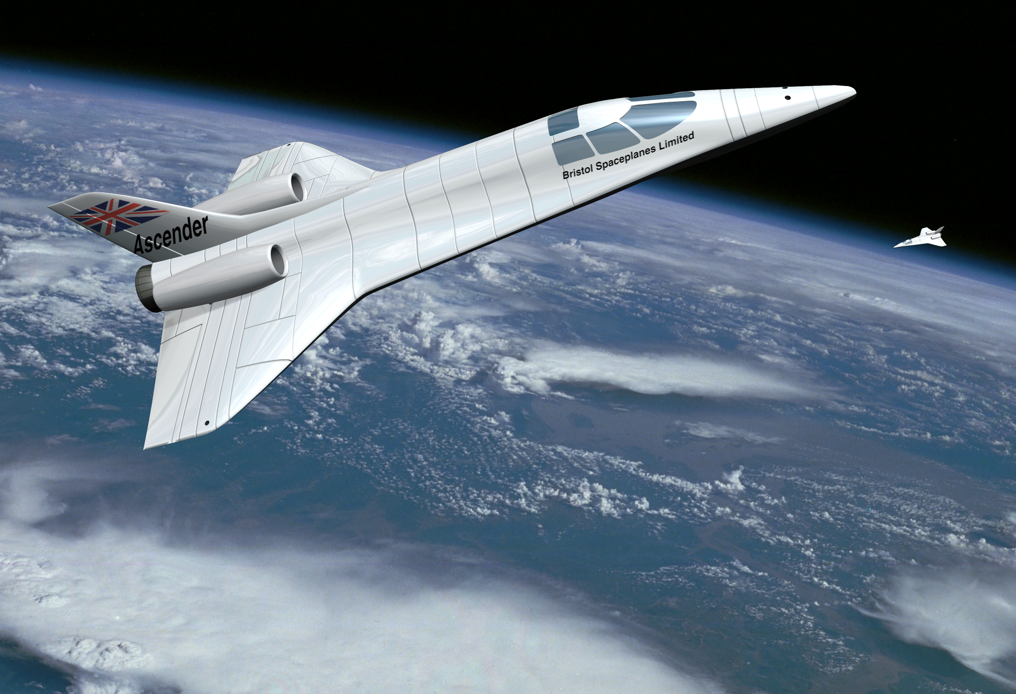 Suborbital space tourism vehicle ascending toward the edge of space during a test flight