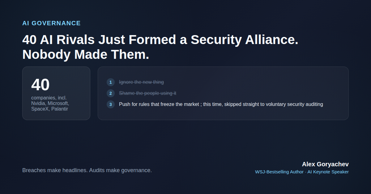 Comparison graphic: the usual industry response to disruption of ignore, shame, then regulate, versus the Open Secure AI Alliance's 40 companies choosing voluntary security auditing instead.