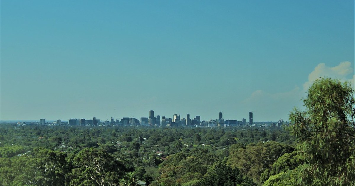Skyline view of Adelaide, South Australia, seen from a hilltop with parkland trees in the foreground and the city's CBD towers on the horizon under a clear blue sky.