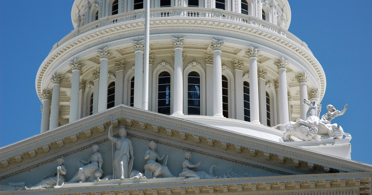 The dome and pediment of the California State Capitol in Sacramento, home of the state legislature that passed the SB 53 AI safety law.