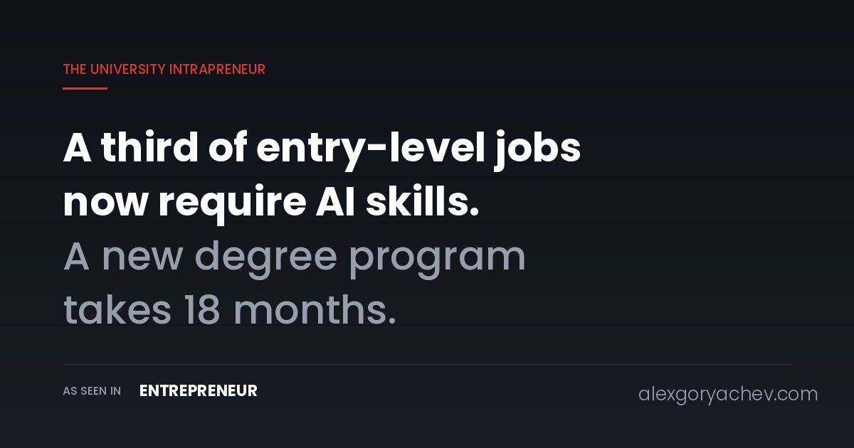Dark title card reading "A third of entry-level jobs now require AI skills. A new degree program takes 18 months," from the series The University Intrapreneur, marked "As Seen In Entrepreneur."