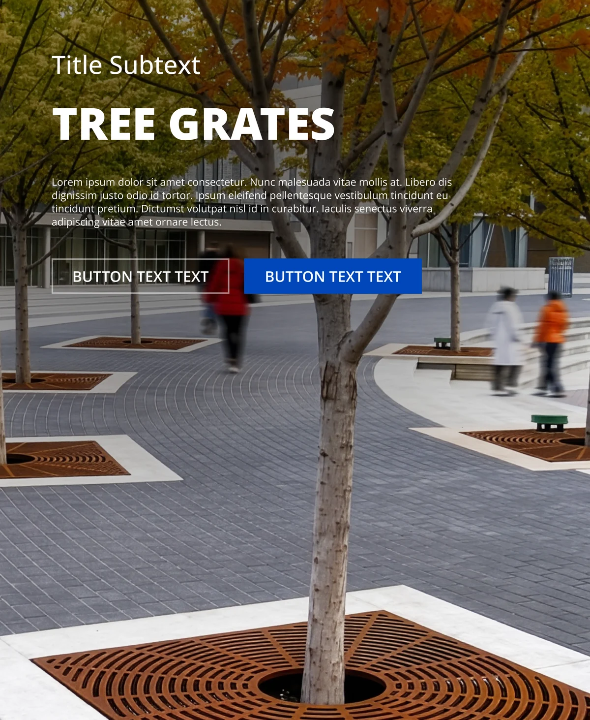 Tree grates mobile hero on a campus plaza