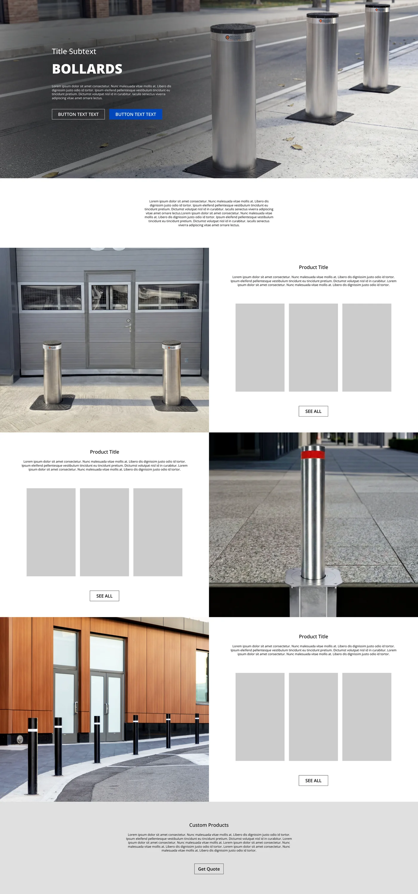 Bollards landing page layout: hero, intro, alternating product photo rows and a custom products quote section