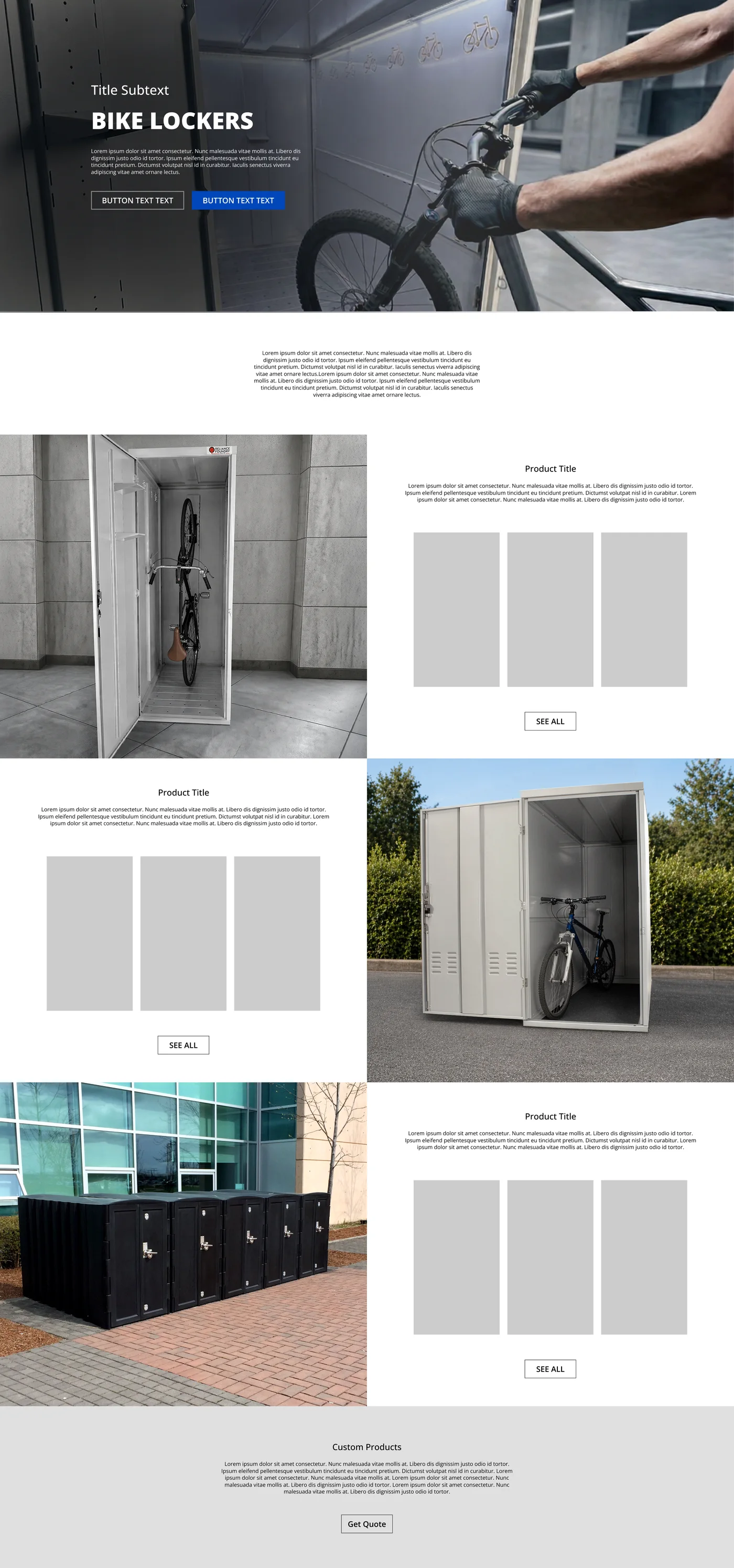 Bike lockers landing page layout: hero, intro, alternating product photo rows and a custom products quote section