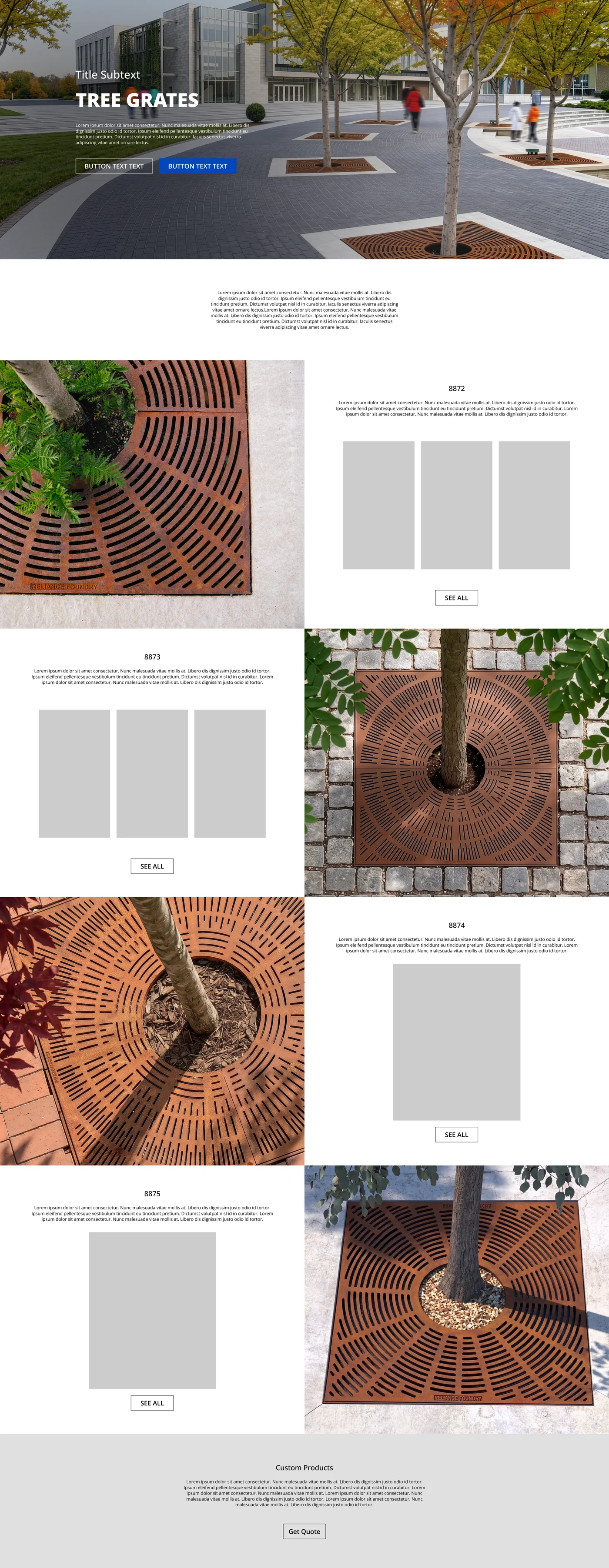 Tree grates landing page layout: hero, intro, alternating product photo rows and a custom products quote section