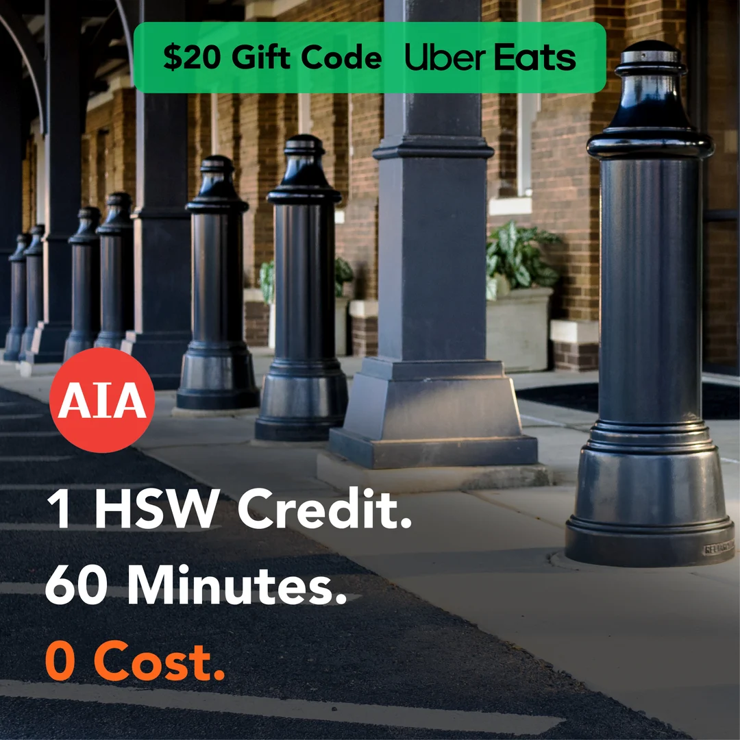 AIA continuing education ad: 1 HSW credit, 60 minutes, 0 cost, with a $20 Uber Eats gift code, variation 5 of 9