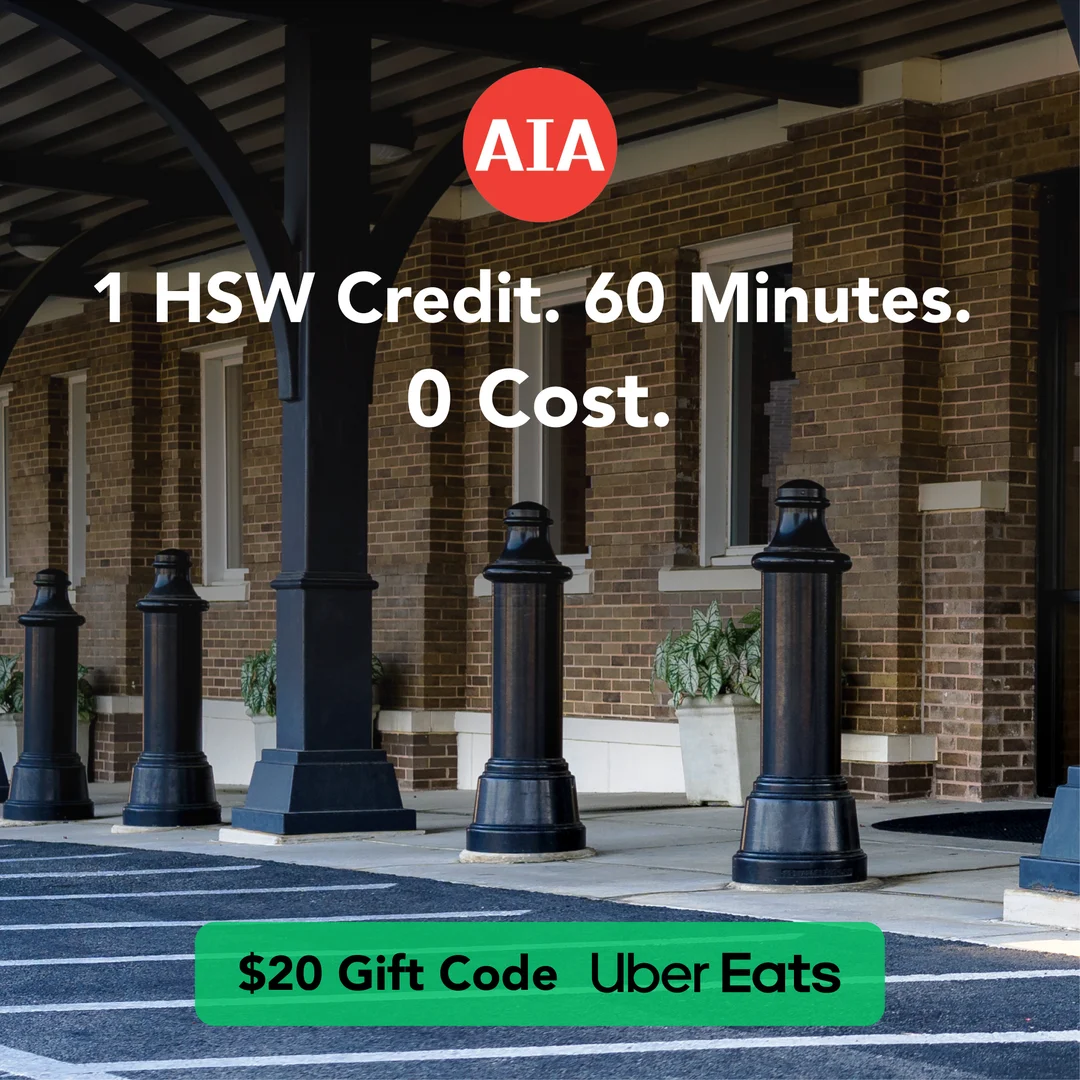 AIA continuing education ad: 1 HSW credit, 60 minutes, 0 cost, with a $20 Uber Eats gift code, variation 1 of 9
