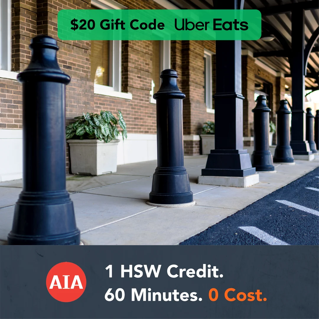 AIA continuing education ad: 1 HSW credit, 60 minutes, 0 cost, with a $20 Uber Eats gift code, variation 8 of 9