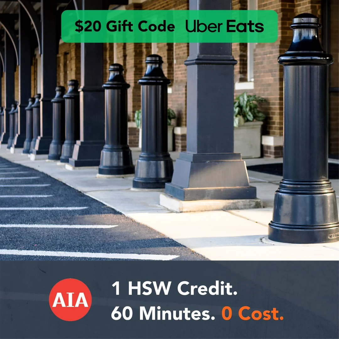 AIA continuing education ad: 1 HSW credit, 60 minutes, 0 cost, with a $20 Uber Eats gift code, variation 9 of 9