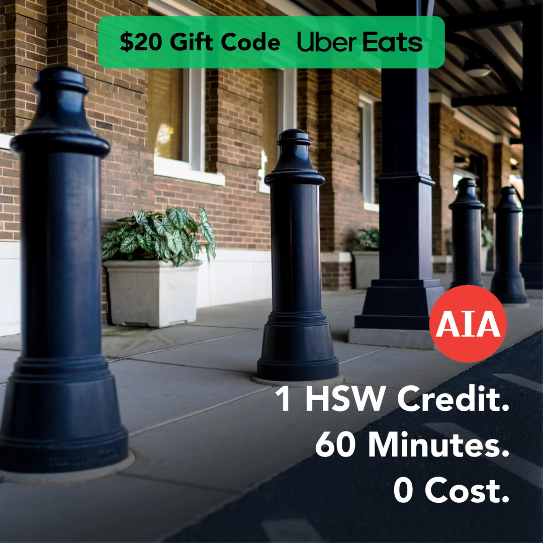 AIA continuing education ad: 1 HSW credit, 60 minutes, 0 cost, with a $20 Uber Eats gift code, variation 3 of 9