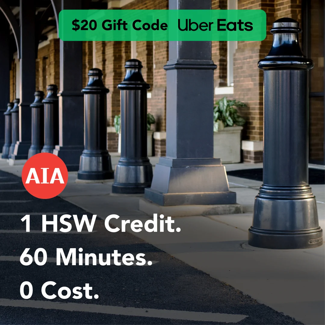 AIA continuing education ad: 1 HSW credit, 60 minutes, 0 cost, with a $20 Uber Eats gift code, variation 2 of 9