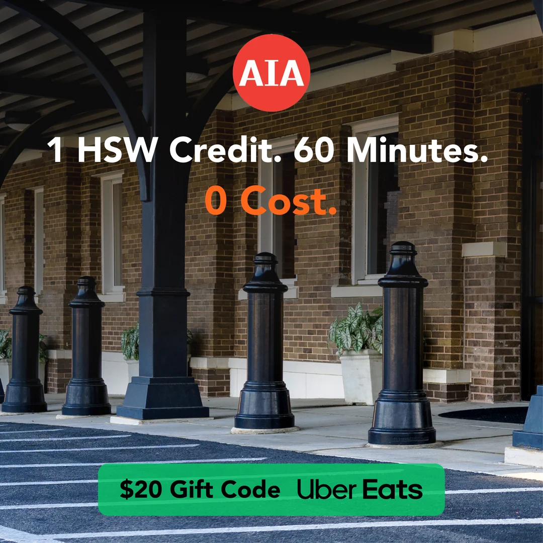 AIA continuing education ad: 1 HSW credit, 60 minutes, 0 cost, with a $20 Uber Eats gift code, variation 4 of 9