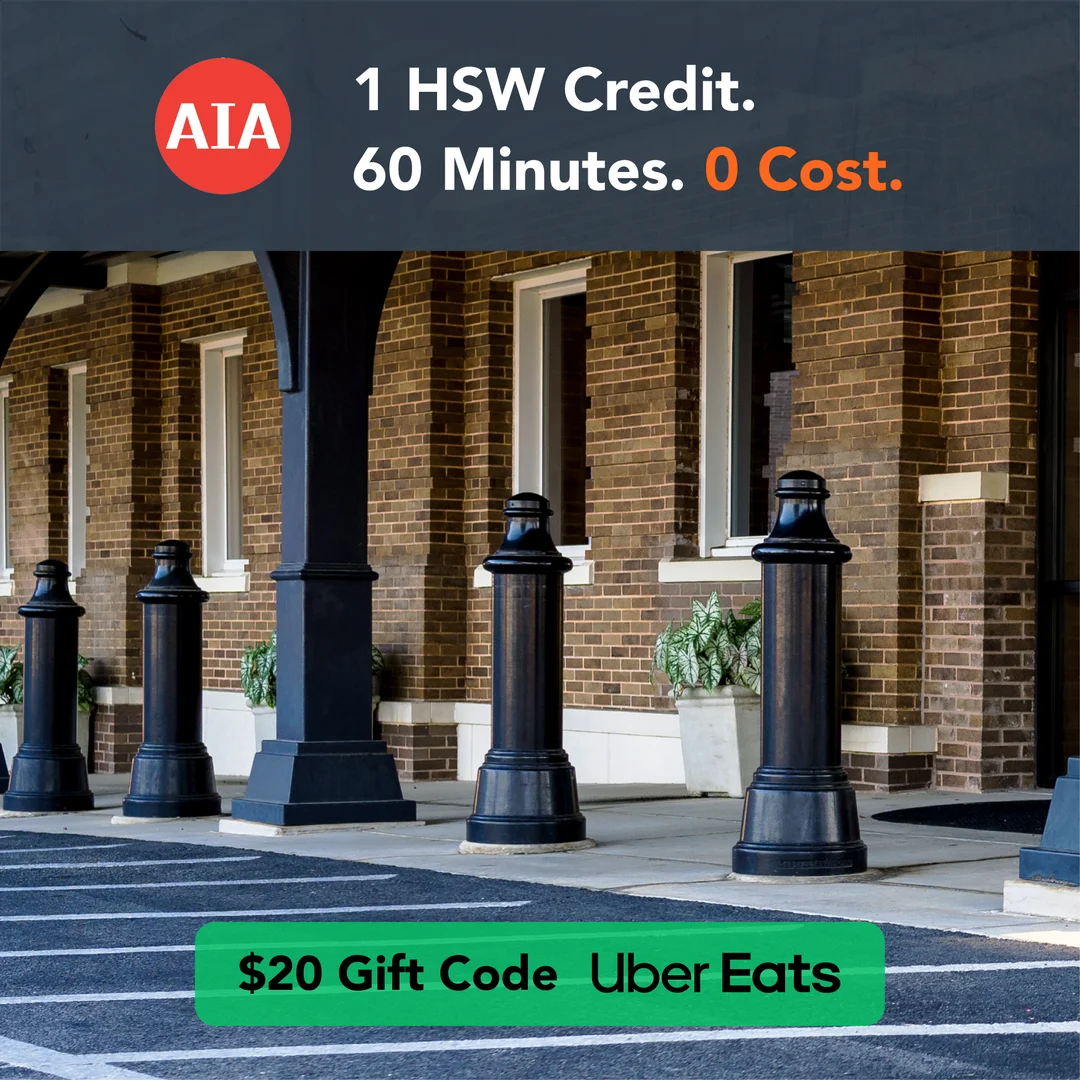 AIA continuing education ad: 1 HSW credit, 60 minutes, 0 cost, with a $20 Uber Eats gift code, variation 6 of 9