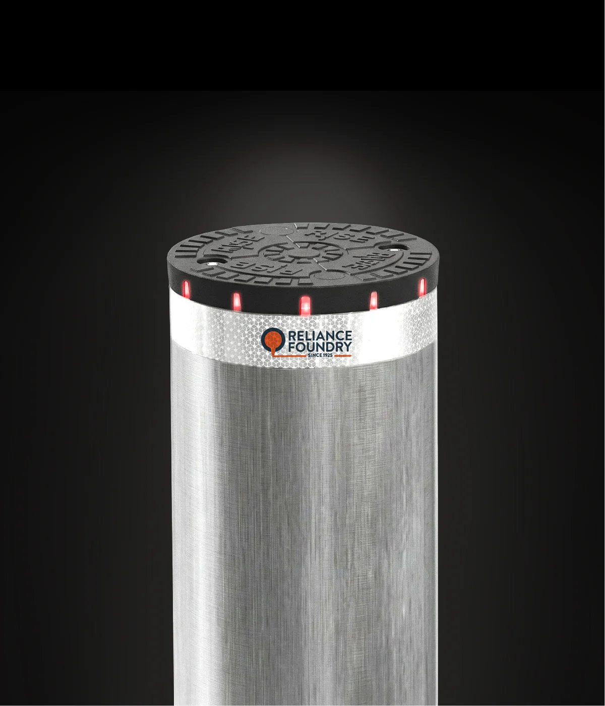 Bollard top with red LED lights on a dark background