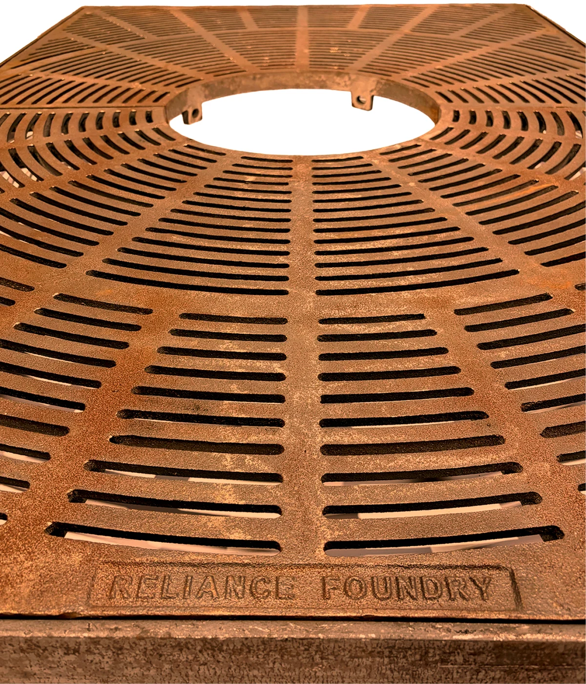 Close up of the Reliance Foundry cast mark on a tree grate