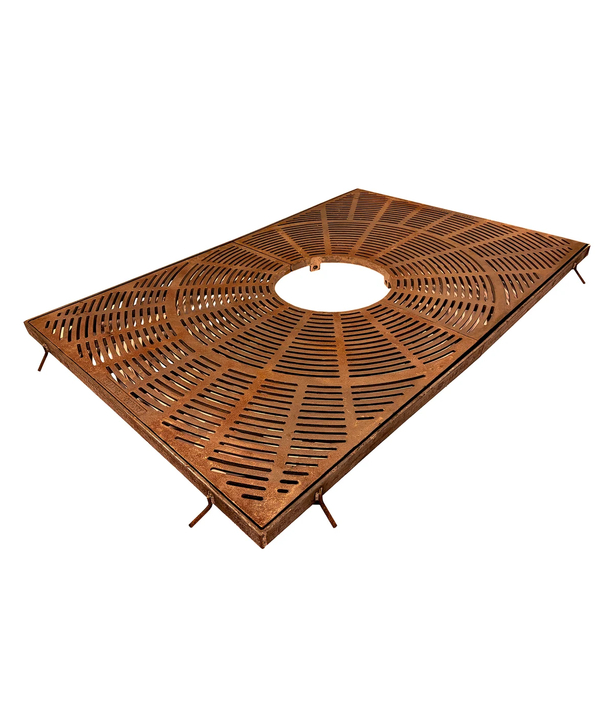 Tree grate at an angle showing the frame and anchors